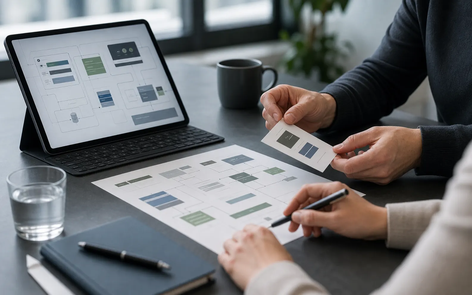 Tablet und Papierkarten zeigen die Gestaltung einer digitalen L&ouml;sung