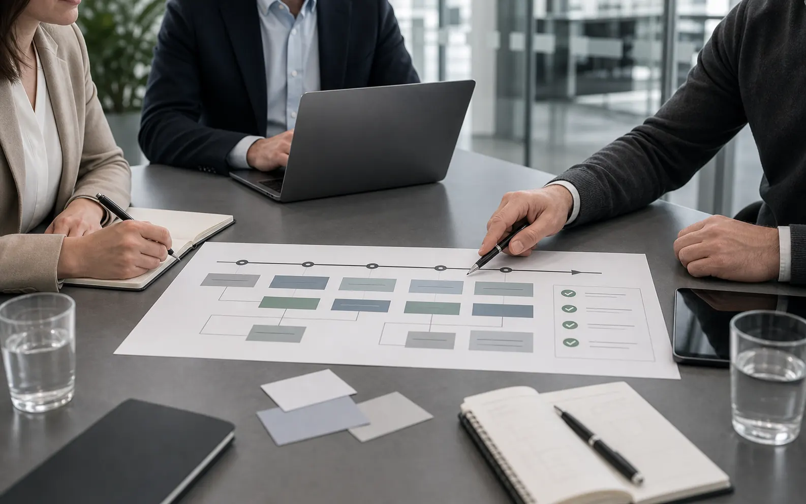 Projektteam begleitet eine Planung mit Timeline und Checkliste